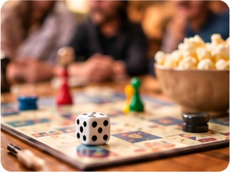 Board game pieces and dice